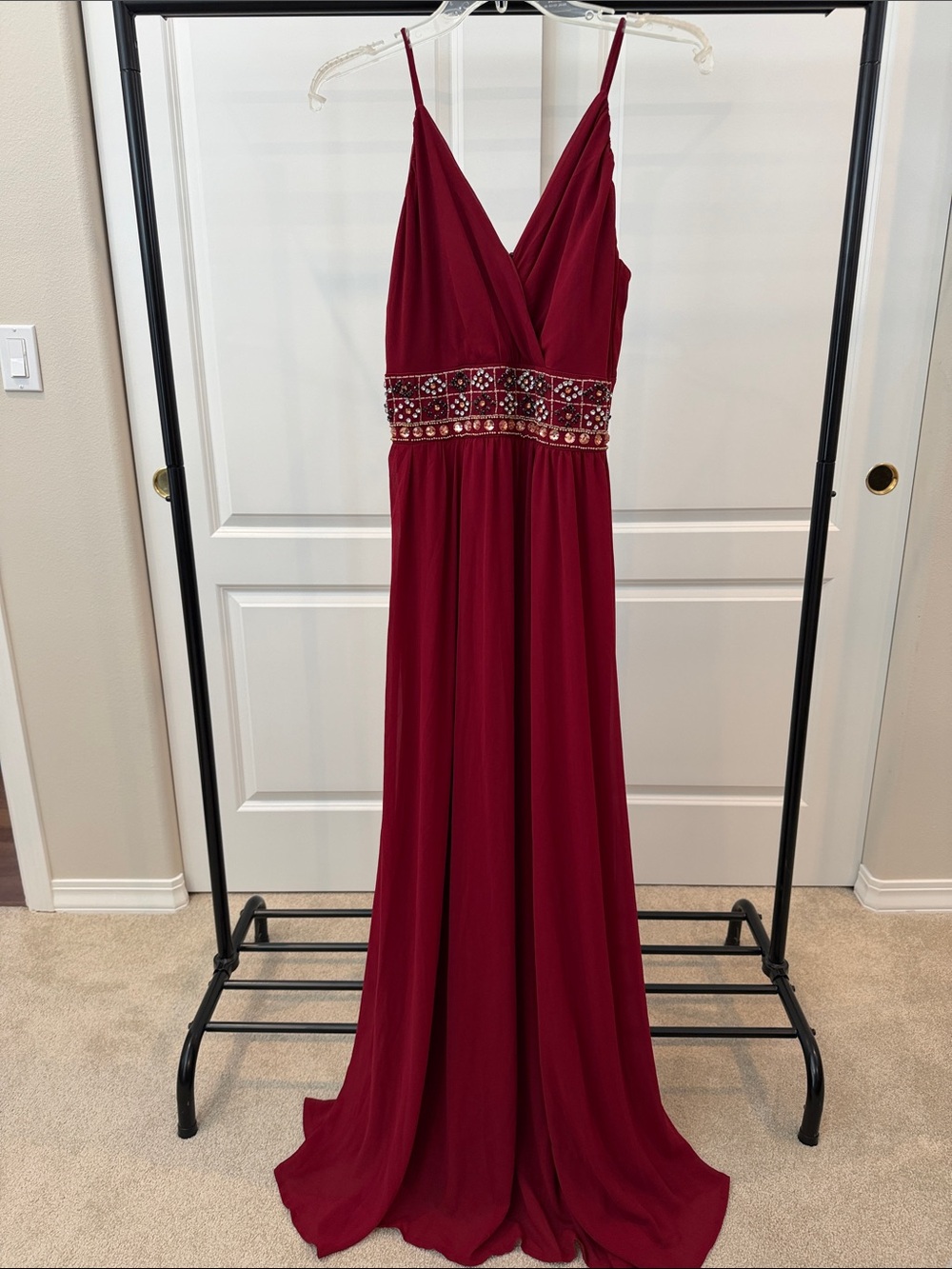 Soieblu Burgundy Spaghetti-Strap Prom Gown with Beaded Waist